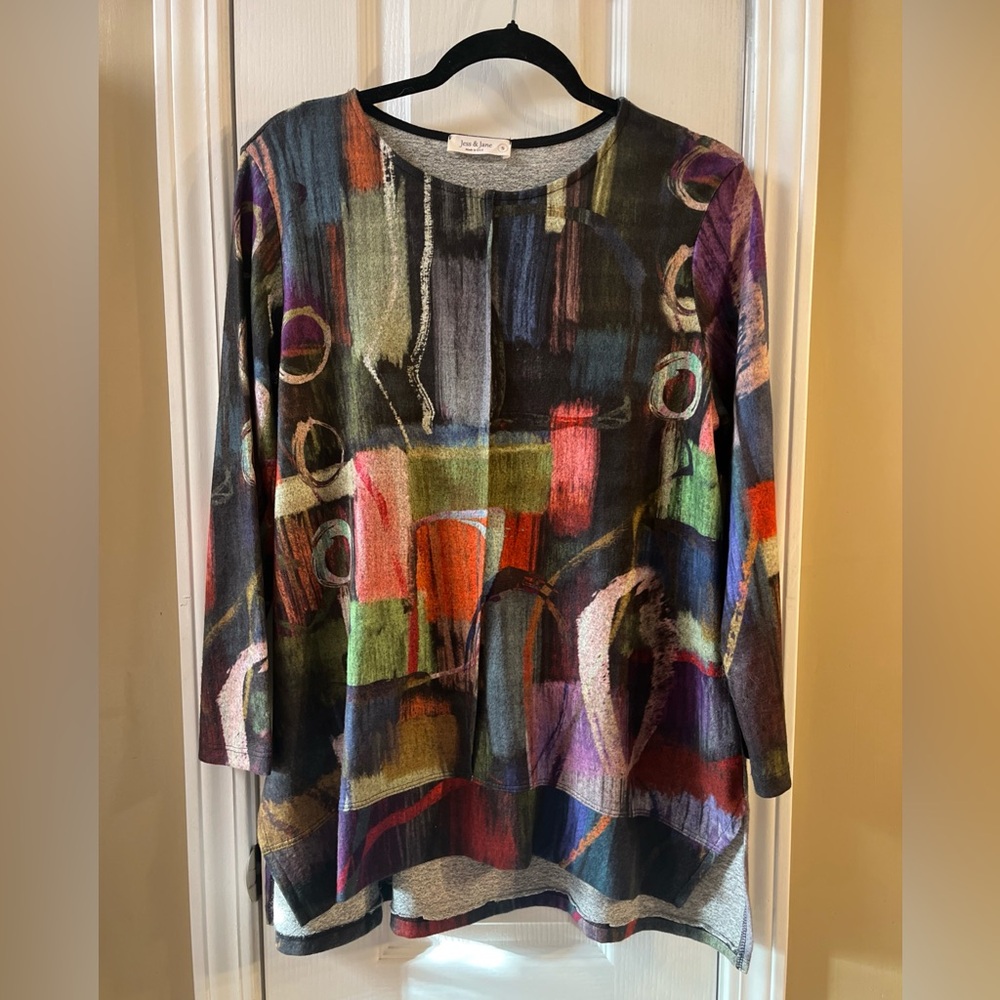 Jess & Jane Tunic Top S Tunic 3/4 Sleeve Wearable Art Stretch Knit Art To Wear